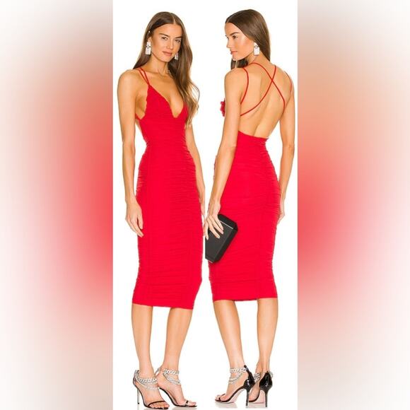 Michael Costello Dresses & Skirts - Michael Costello Red Ruched Bodycon Midi Dress with Crisscross Back